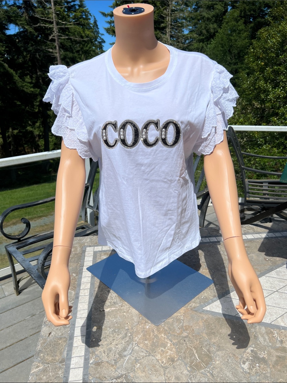 Fashion Inspired COCO ' Ruffle Sleeve Tee With Rhinestones and Pearls Size L